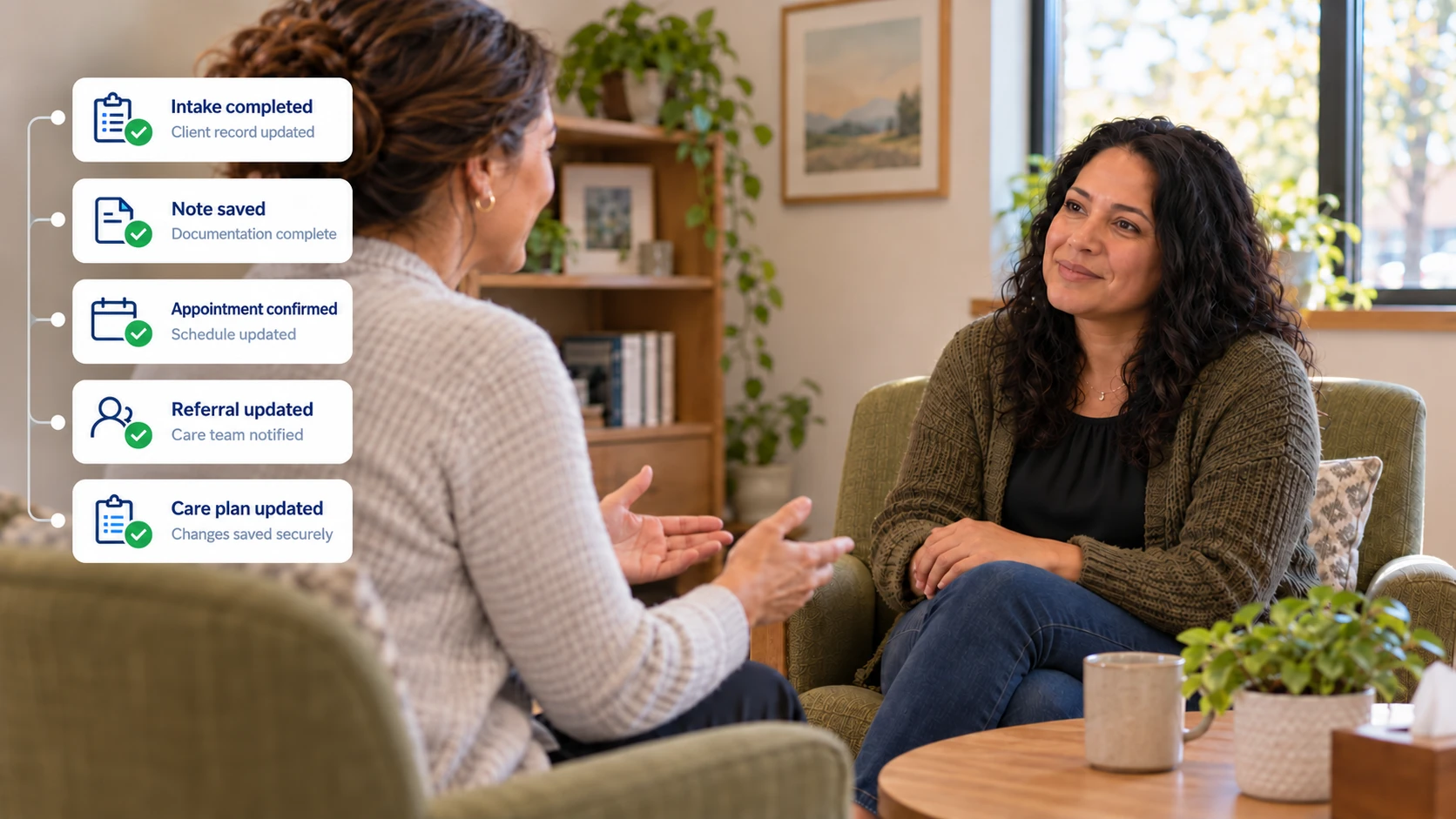 Clinician speaking with a client beside workflow updates for intake, notes, appointments, referrals, and care plans