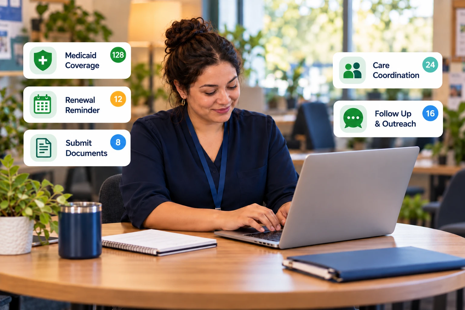 Woman using a laptop with cards for Medicaid coverage, renewal reminders, documents, care coordination, and outreach.