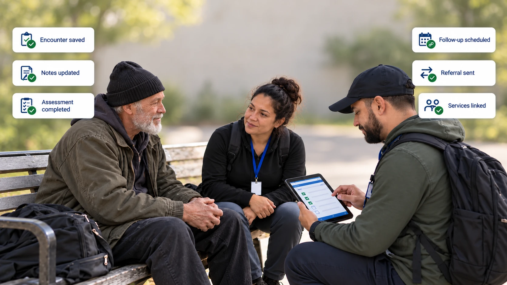 Street outreach workers meeting with a man on a park bench while using a tablet, with encounter, assessment, referral, and follow-up updates.
