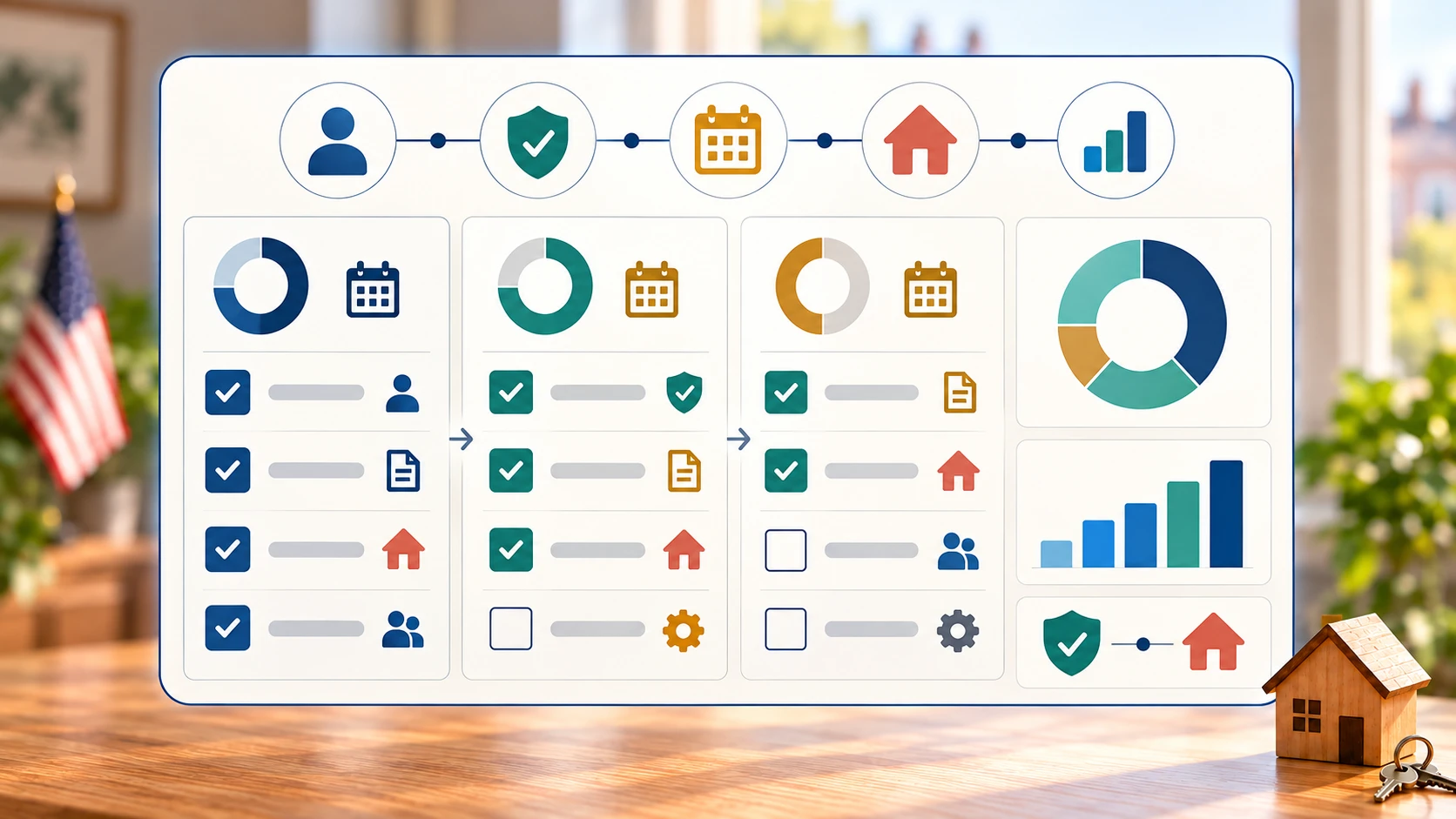 Digital readiness checklist with colored workflow icons and charts beside a house model and keys, with an American flag in the background.