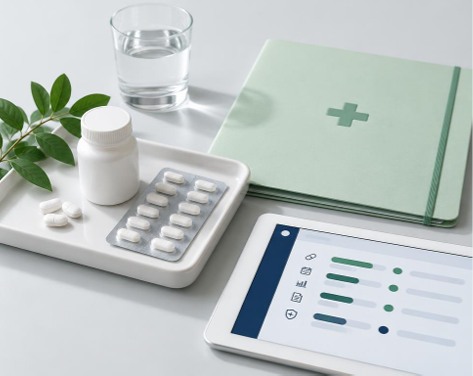 Medication organizer, pill bottle and tablet showing an electronic medication administration record on a desk