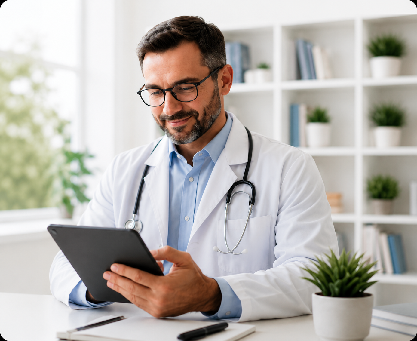 Doctor reviewing patient information on a tablet
