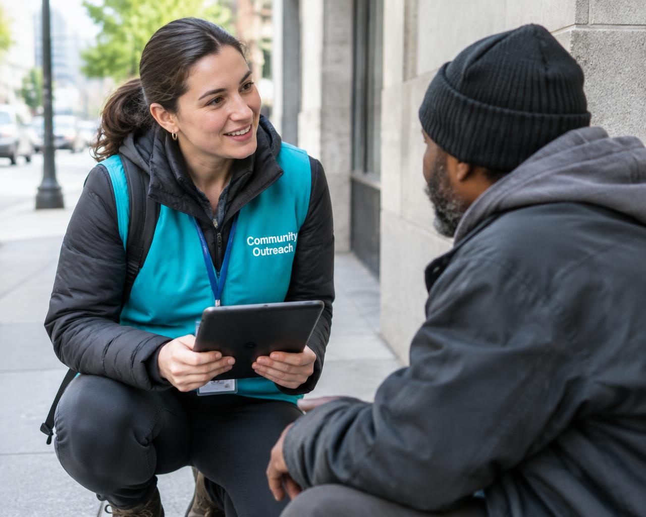 Outreach worker in a teal vest using a tablet while speaking with a person on a city sidewalk