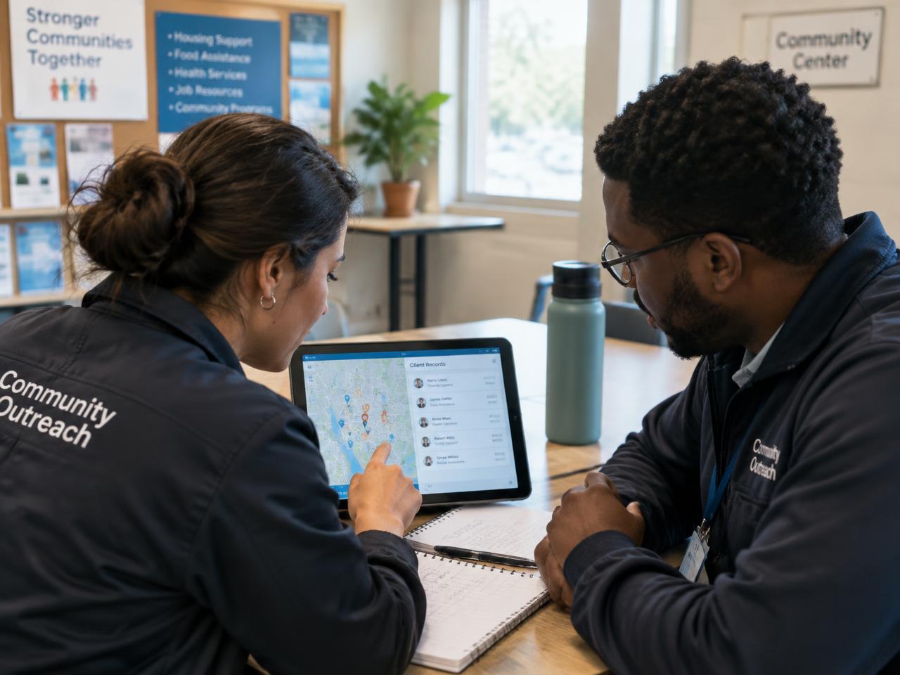 Two outreach workers reviewing a map on a tablet at a table